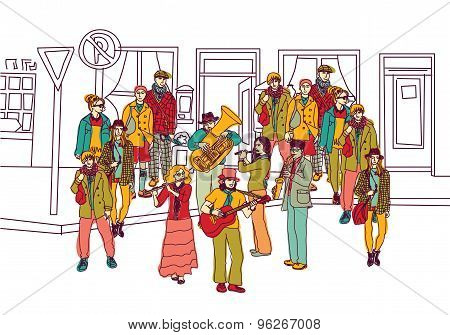 Street musicians doodles ink orchestra band