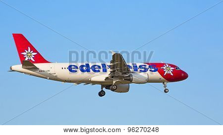 ZURICH - JULY 18: Airbus A319, Edelweiss Air landing in Zurich after short haul flight on July 18, 2015 in Zurich, Switzerland. Zurich airport is home for Swiss Air and one of biggest European hubs.