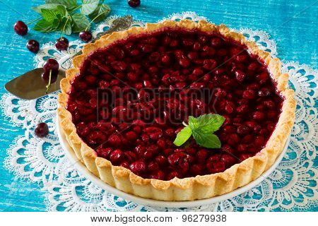Homemade Cherry Pie, Shortbread Dough And Cherry Jelly On Top