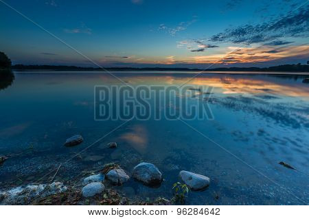 Beautiful Lake At Sunset Landscape With Cloudy Sky