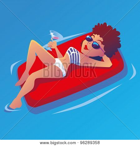 Girl in the pool on airbed with martini