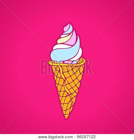 Bright ice cream in a waffle cone on a pink background