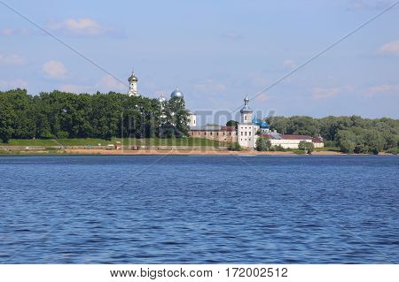 Novgorod Russia June 03 2016. Russian scene: Pokrovsky Cathedral in Zverin-Pokrovsky monastery in Novgorod