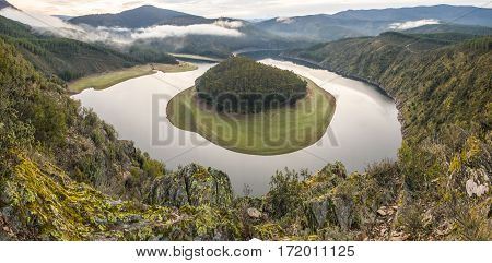 Alagon River Meander called The Melero at Riomalo de Abajo Hurdes Spain. Panoramic view