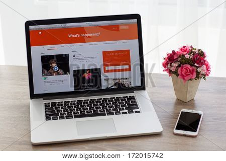 Alushta Russia - October 20 2016: MacBook and iPhone with social networking service Twitter on the screen. MacBook Pro and iPhone was created and developed by the Apple inc.