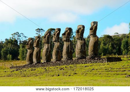 Long shot of the seven Moai at Ahu Akivi in Rapa Nui Easter Island in Chile South America