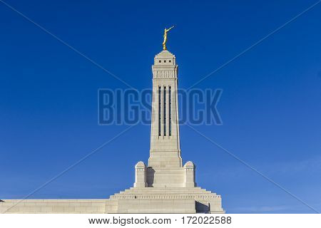 Carmel - Circa February 2017: The Angel Moroni Stands Atop The Indianapolis Indiana Mormon Temple Ii