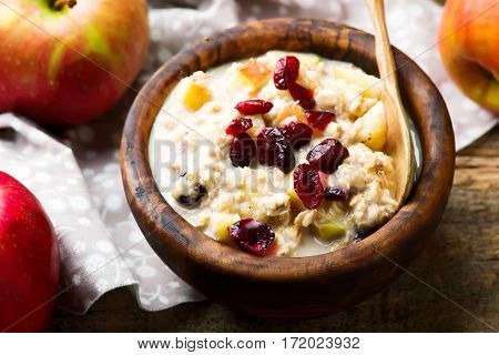 overnight oats with apples cranberrie and cinnamon.selective focus