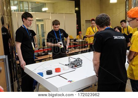 Tyumen Russia - February 16. 2017: Open championship of professional skill among youth. World skills Russia Tyumen - 2017. Competitions of robots among school students