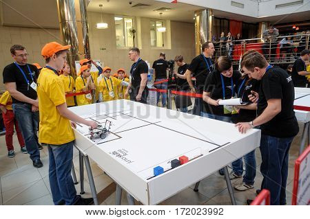 Tyumen Russia - February 16. 2017: Open championship of professional skill among youth. World skills Russia Tyumen - 2017. Competitions of robots among school students