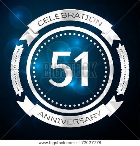 Fifty one years anniversary celebration with silver ring and ribbon on blue background. Vector illustration