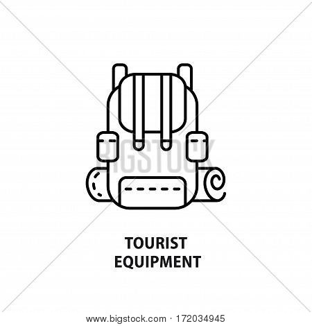 Vector logo with backpack isolated on white. Design concept for eco tourism and tourist equipment shop in line style