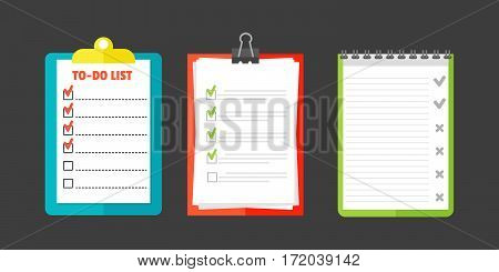 Agenda list concept vector illustration. Business paper clipboard in flat style. Self-adhesive notes color hand article. Important template advice page.