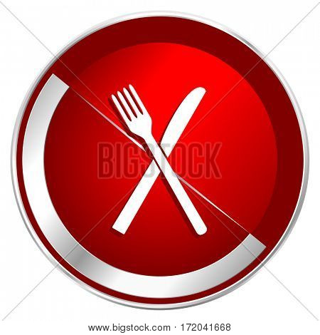 Restaurant red web icon. Metal shine silver chrome border round button isolated on white background. Circle modern design abstract sign for smartphone applications.