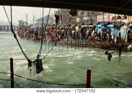 HARIDVAR, INDIA - JAN 14, 2009: During celebrations Makar Sankranti. Festival is celebrated in various parts of India to observe the day which marks the shift of the sun into ever-lengthening days.