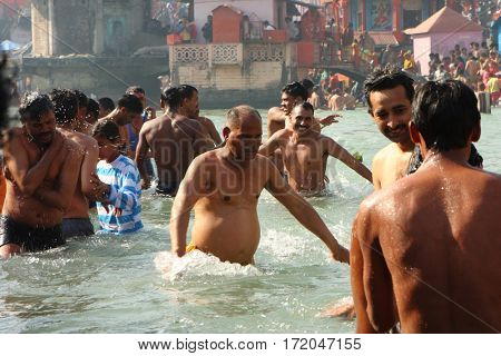 HARIDVAR, INDIA - JAN 14, 2009: During celebrations Makar Sankranti. Festival is celebrated in various parts of India to observe the day which marks the shift of the sun into ever-lengthening days.