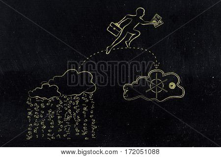 Business Man Jumpying With Docs From Unsafe To Safe Cloud Service