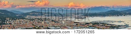 La Spezia And Gulf Of Spezia With Pink Clouds At Sunset