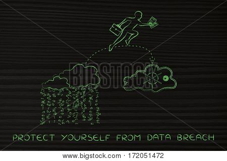 Business Man Jumpying With Docs From Unsafe To Safe Cloud Service