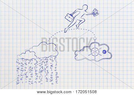 Business Man Jumpying With Docs From Unsafe To Safe Cloud Service