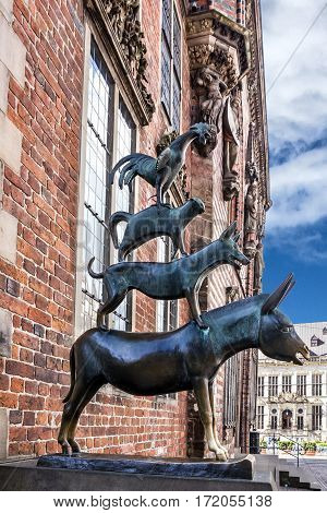 Bremen, Germany - April 5, 2017: Bremen musicians monument (Die Bremer Stadtmusikanten)