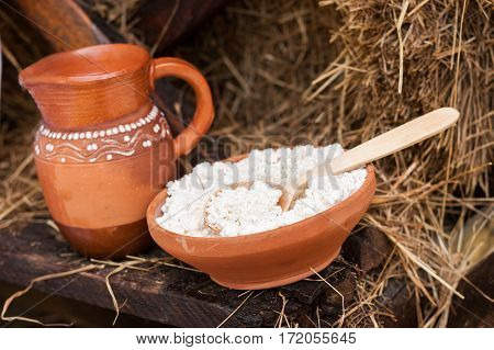 Dairy products on wooden table. Cheese and milk on the table in an earthenware dish. Food background.