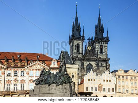 Prague, Czech Republic - April 12, 2017: Staromestska square Church of Our Lady Tyn