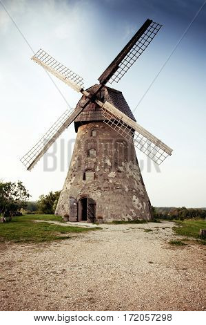 Traditional Old dutch windmill in Latvia. Araisi win mill in Vidzeme.