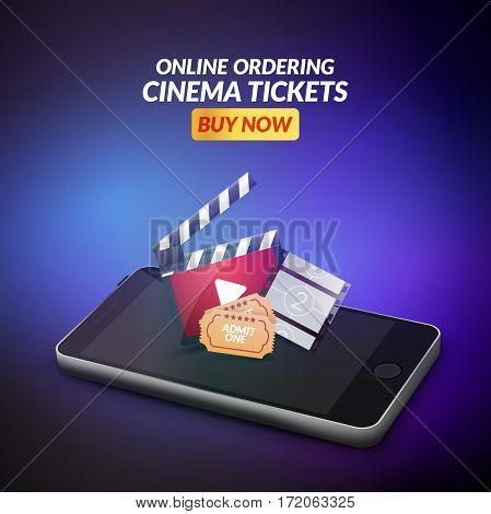 Cinema movie ticket online order concept. Mobile cinema smartphone app or web reservation. Vector illustration.