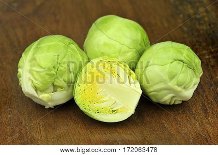 Freshly picked raw brussels sprouts brassica oleracea winter vegetables.