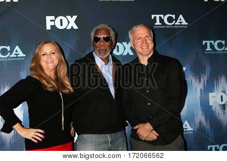 LOS ANGELES - JAN 11:  Lori McCreary, Morgan Freeman, James Younger at the FOXTV TCA Winter 2017 All-Star Party at Langham Hotel on January 11, 2017 in Pasadena, CA