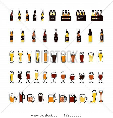 Beer bottles and glasses color icons set. Vector illustration
