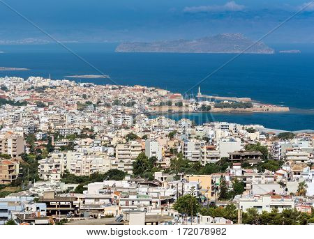 Aerial view of harbor of Chania town on Crete island, Greece