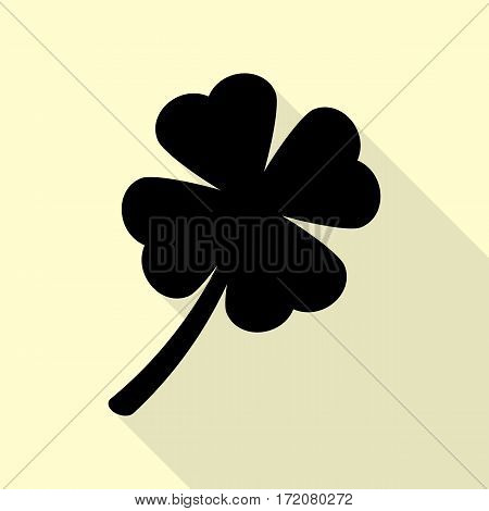 Leaf clover sign. Black icon with flat style shadow path on cream background.