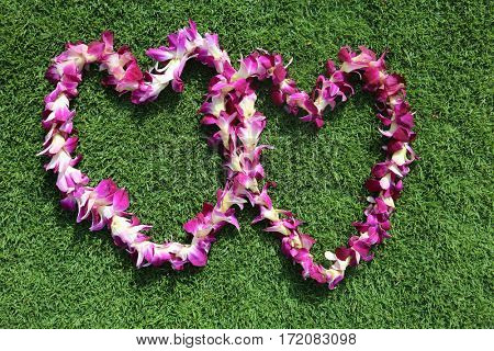 Hawaiian lei. two Hawaiian lei's on green grass in heart shaped designs.