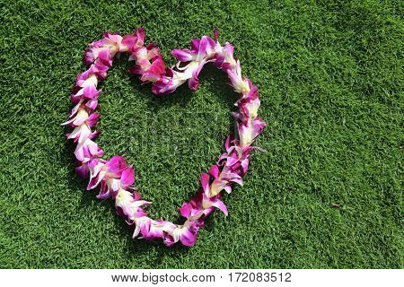 Hawaiian lei. two Hawaiian lei's on green grass in heart shaped designs
