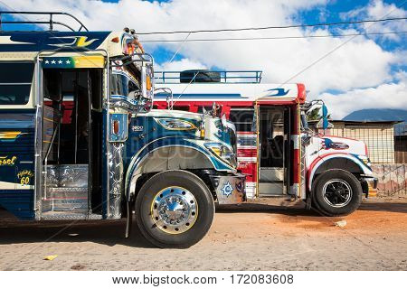 ANTIGUA,GUATEMALA -DEC 25, 2015:Typical guatemalan chicken bus in Antigua, Guatemala on Dec 25, 2015.Chicken bus It's a name for colorful,modified and decorated bus in various latin American countries