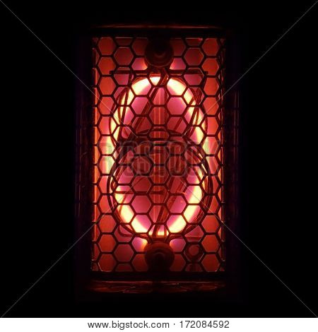 The real Nixie tube indicator of the numbers of retro style.  Indicator glow with a magical purple fringing. Digit 0