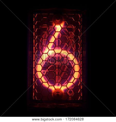 The real Nixie tube indicator of the numbers of retro style. Indicator glow with a magical purple fringing. Digit 6