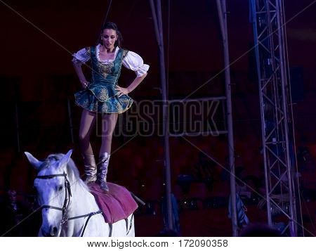 SZEGED, HUNGARY - JUNE 12. 2016 - horse riding performance of the Hungarian National Circus by the Richter Group