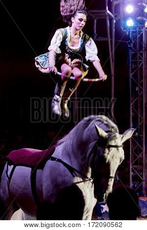 SZEGED, HUNGARY - JUNE 12. 2016 - horse riding performance of the Hungarian National Circus by the Richter Group