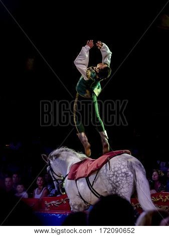 SZEGED, HUNGARY - JUNE 12. 2016 - horse riding performance of the Hungarian National Circus by the Richter Group