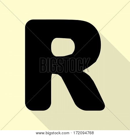 Letter R sign design template element. Black icon with flat style shadow path on cream background.