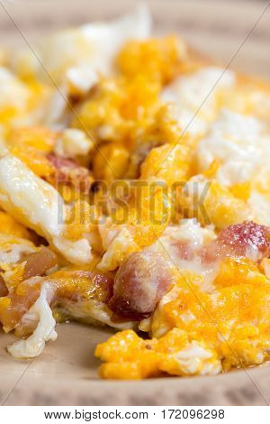 Close up macro fried eggs with bacon.