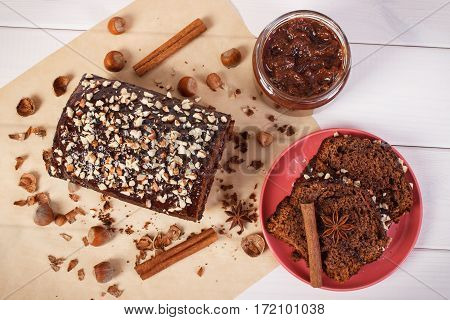 Gingerbread Or Dark Cake With Chocolate, Cocoa And Plum Jam, Delicious Dessert