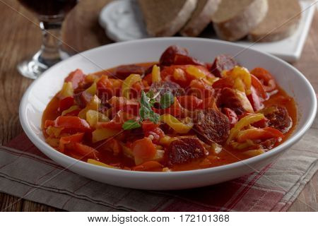 Traditional Hungarian Lecso with spiced sausage on a plate