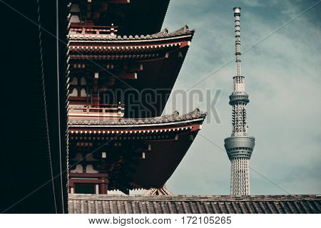 TOKYO, JAPAN - MAY 15: Skytree and historical architecture in temple on May 15, 2013 in Tokyo. Sensoji Temple, founded in 645 CE, making it the oldest temple in Tokyo.