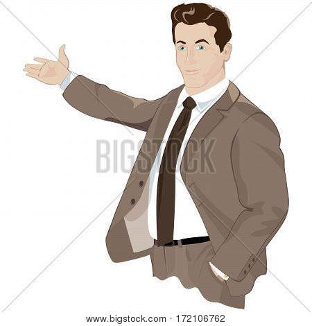 vector business man in a suit shows a hand into the distance.