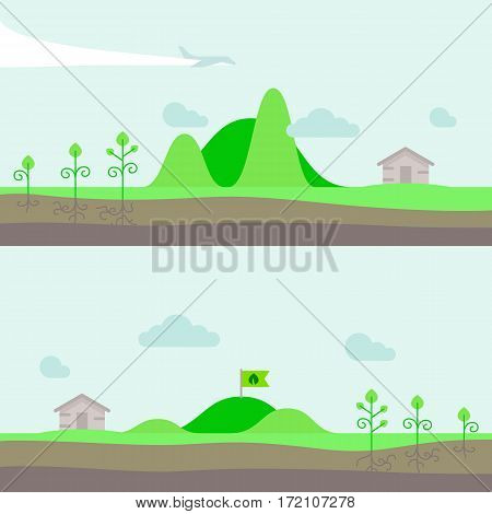 Vector illustration hills in flat style. Set of panorama natural landscape with clouds, garden, trees and house village. Flag on the hill.