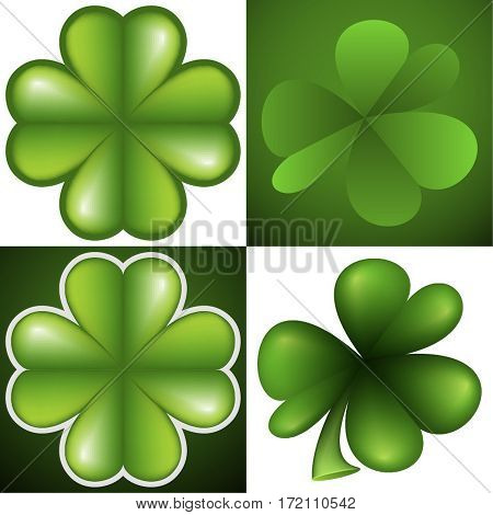 Set of leafs green clover on green and white background. Symbol of St. Patrick day. Vector illustration